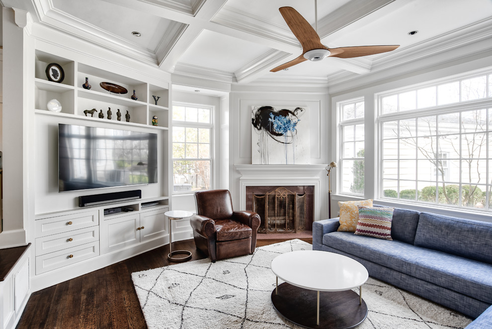 Large transitional open concept medium tone wood floor and brown floor family room photo in New York with white walls, a corner fireplace, a tile fireplace and a wall-mounted tv