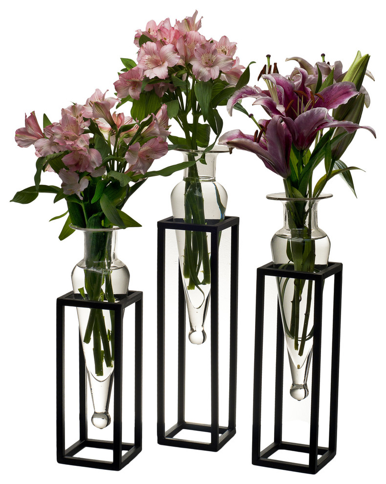Set of 3 Amphorae Vases on Square Tubing Metal Stands, Clear