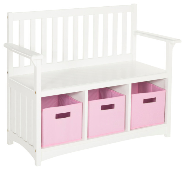 Classic Storage Bench With Bins, White Contemporary Kids Storage Benches And Toy Boxes by