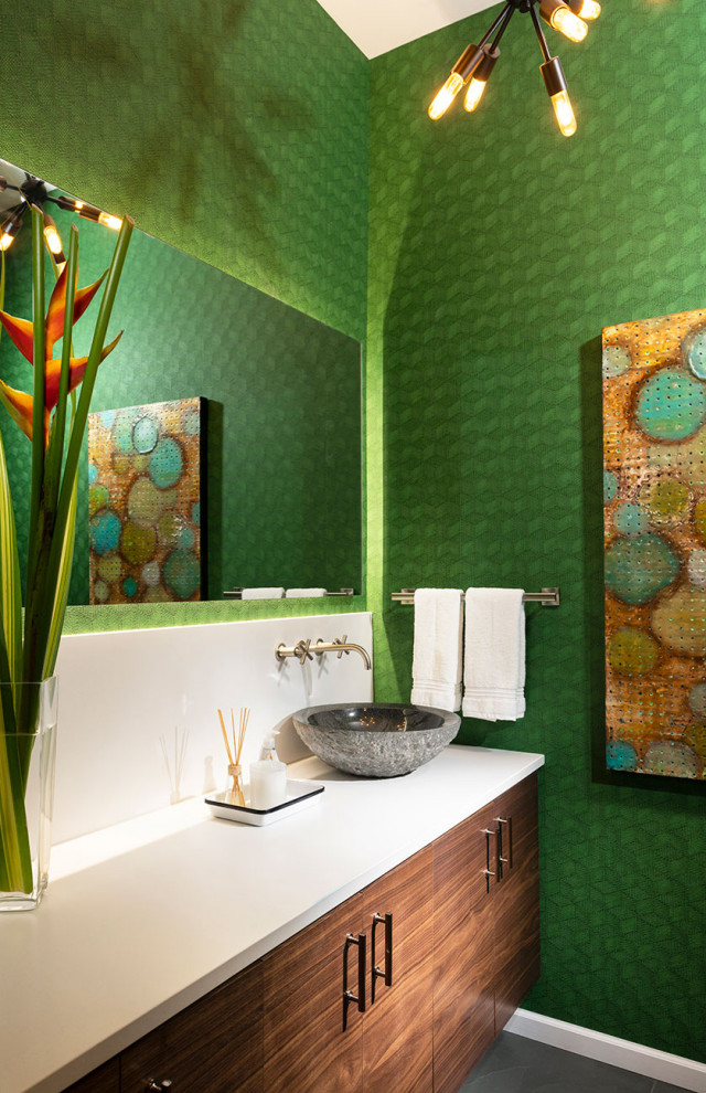 Inspiration for a medium sized modern cloakroom in Other with flat-panel cabinets, medium wood cabinets, green walls, porcelain flooring, a vessel sink, quartz worktops, grey floors, white worktops, a floating vanity unit and wallpapered walls.