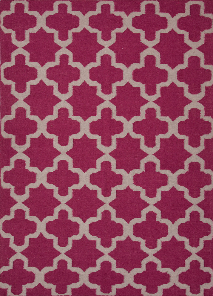 Flat Weave Geometric Pattern Pink /Purple Wool Handmade Rug - MR58, 5x8
