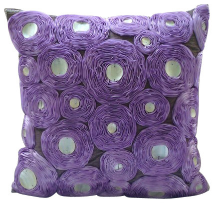 Art Silk Indian Pillow Covers Purple 20"x20" Ribbon Embroidery, Lavender Roses