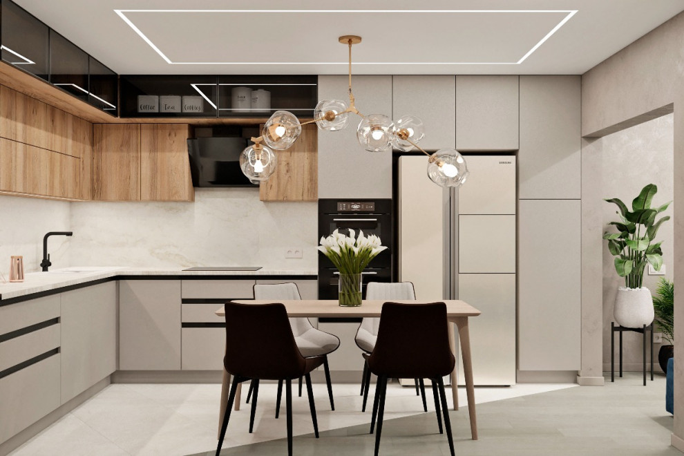 Уютная кухня-гостиная с камином