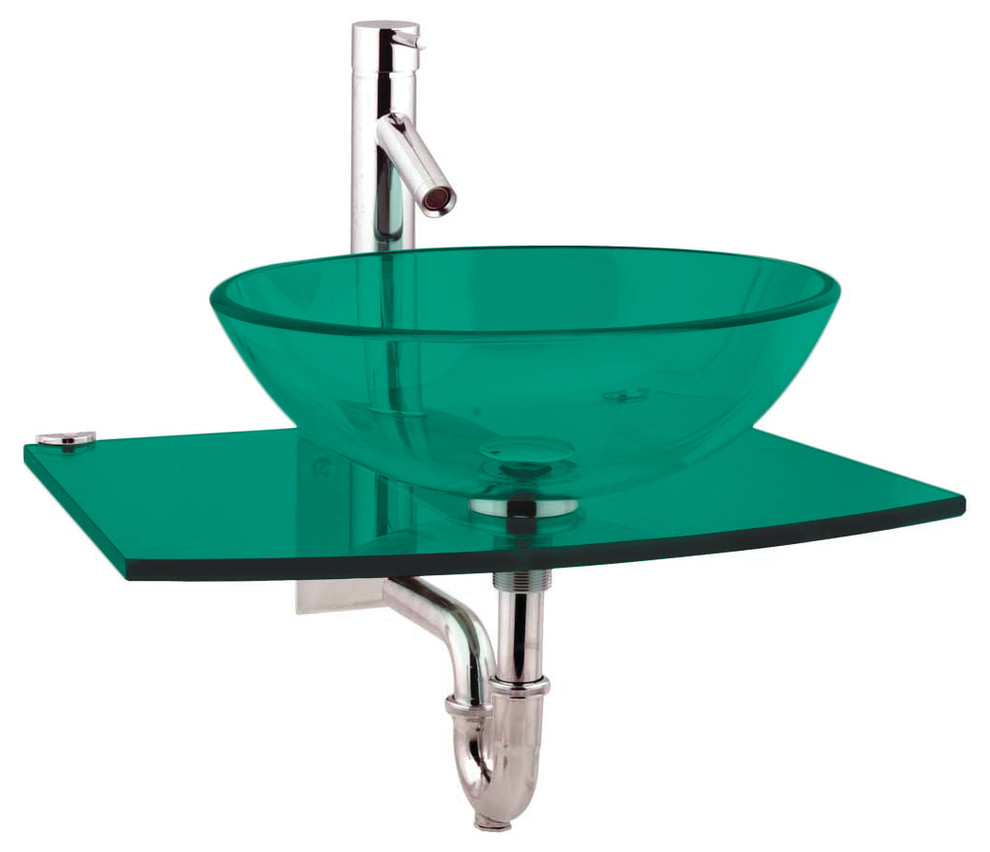 Tempered Glass Vessel Sink.Chrome Faucet Drain PTrap Wall Mount