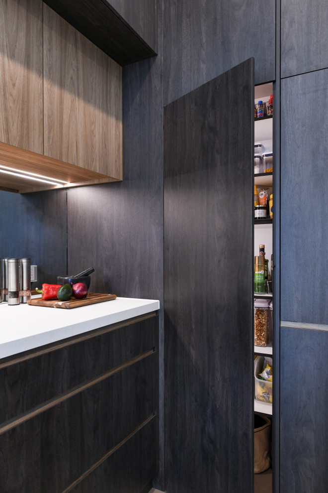 This is an example of a mid-sized contemporary galley kitchen pantry in Sydney with a drop-in sink, dark wood cabinets, quartz benchtops, multi-coloured splashback, mirror splashback, black appliances, with island and white benchtop.