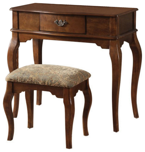 Wooden Vanity Desk with 1 Drawer & Stool, Oak Brown Traditional