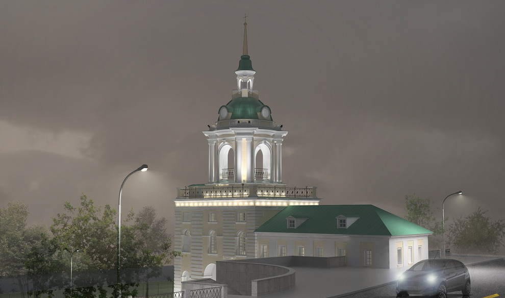 Приспособление колокольни Знаменского монастыря. Подсветка фасадов.