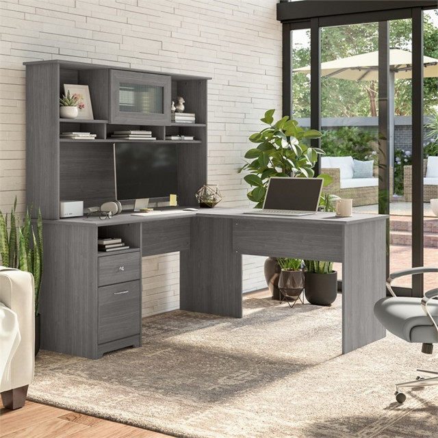 Cabot 60W L Shaped Desk with Hutch and Drawers in Modern Gray
