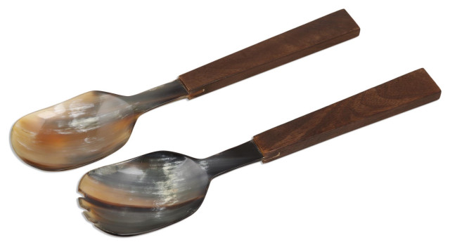 Novica Horn And Wood Salad Servers Lucknow Feast (Pair)