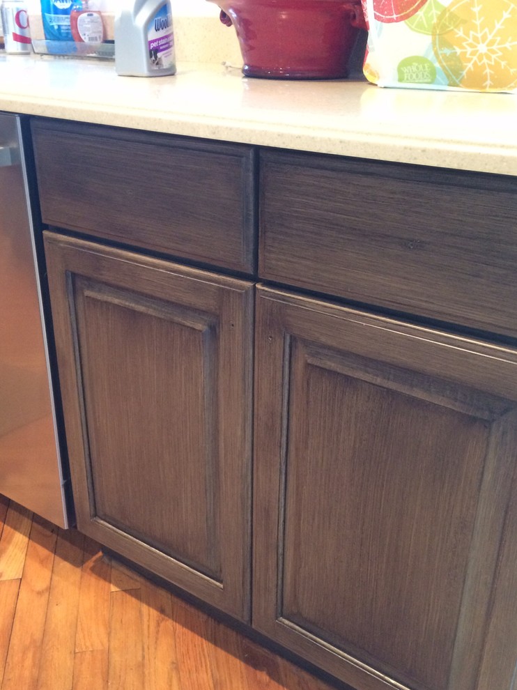 This is an example of an arts and crafts kitchen in Cincinnati with raised-panel cabinets, dark wood cabinets, medium hardwood floors and brown floor.