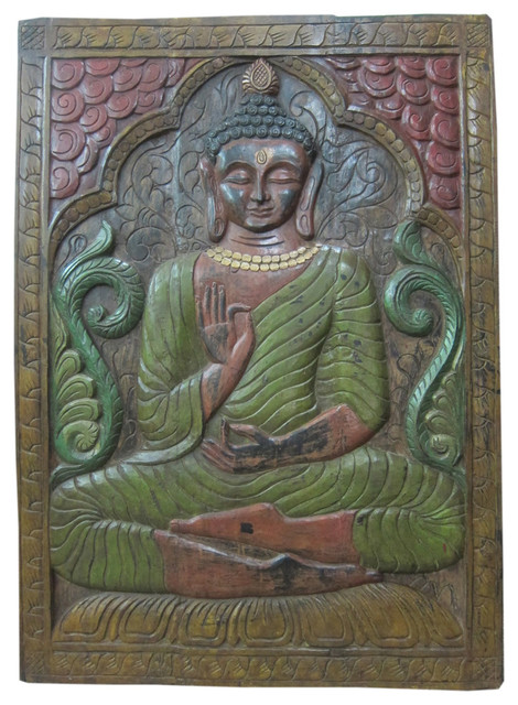 Consigned Buddha Wall Hanging Panel  Green Patina Wood 36 X 48