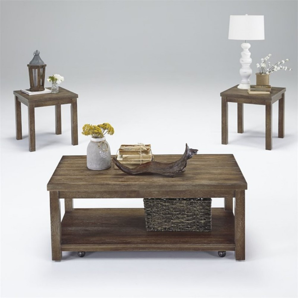 Progressive Furniture Silverton 3 Piece Wood Coffee Table Set in Driftwood Brown