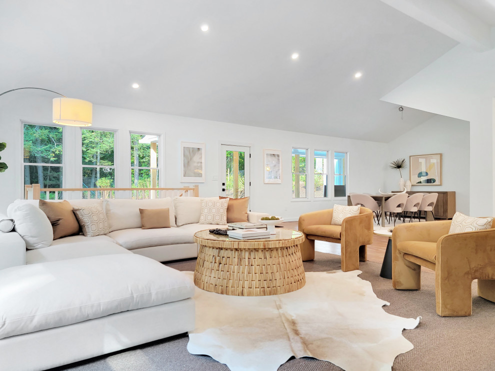Immagine di un grande soggiorno contemporaneo aperto con pareti bianche, pavimento in legno massello medio, TV a parete e soffitto a volta