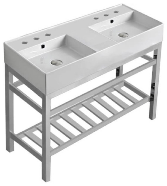 Double Ceramic Wall Mounted Sink With Polished Chrome Stand Contemporary Bathroom Sinks by