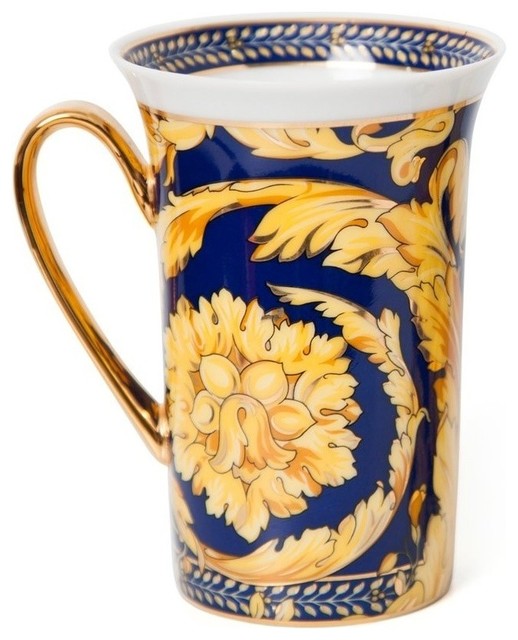 Royalty Porcelain Luxury Tea Cup/Mug, Floral Design, 24K Gold (12 Oz, Blue)