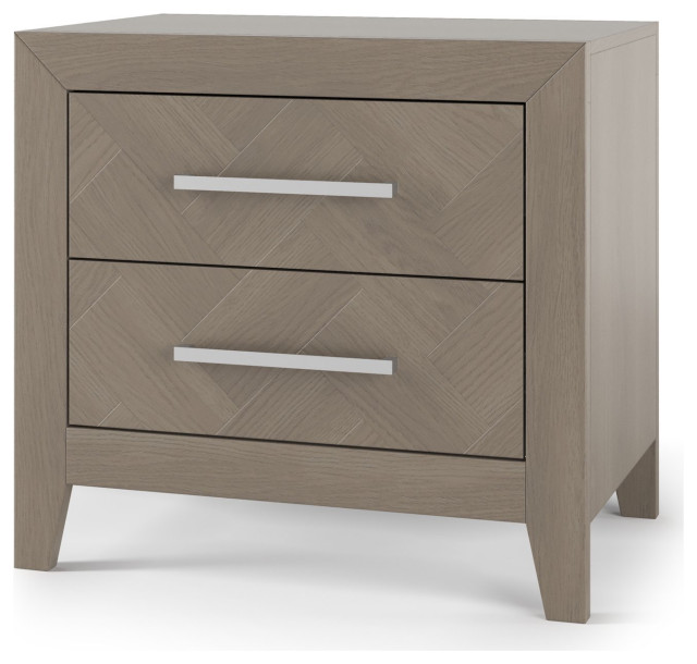 Transitional Nightstand, 2 Drawers With Herringbone Pattern