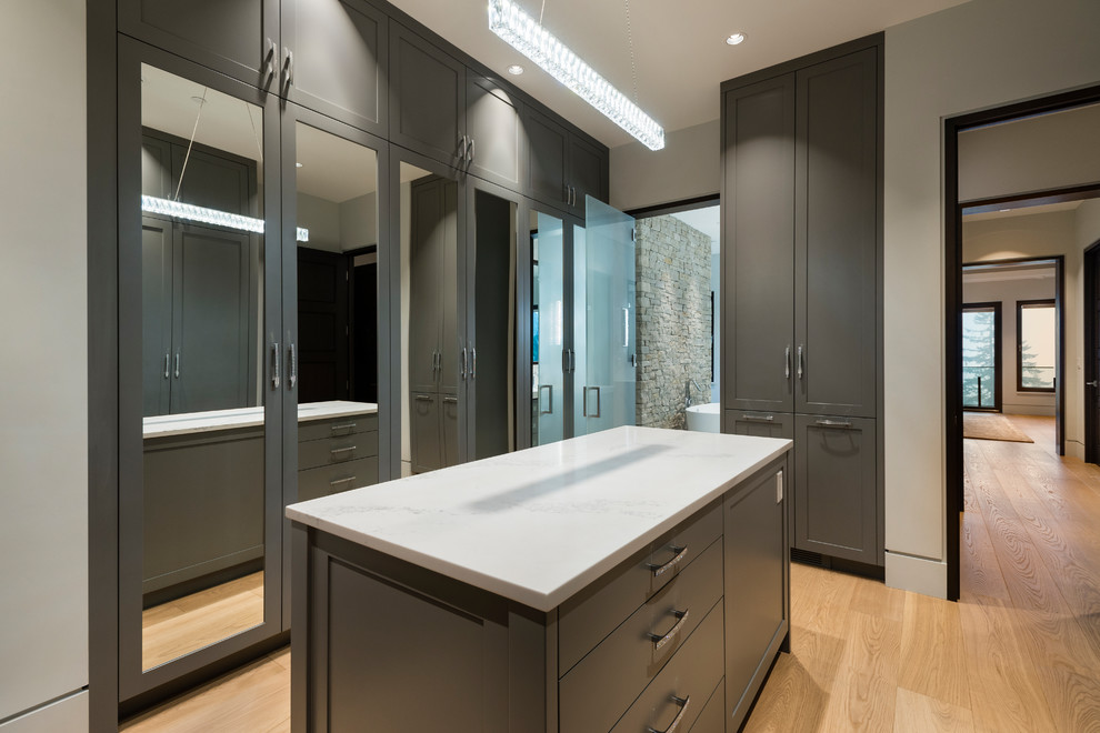 Inspiration for an expansive transitional gender-neutral dressing room in Vancouver with flat-panel cabinets, grey cabinets, light hardwood floors and beige floor.