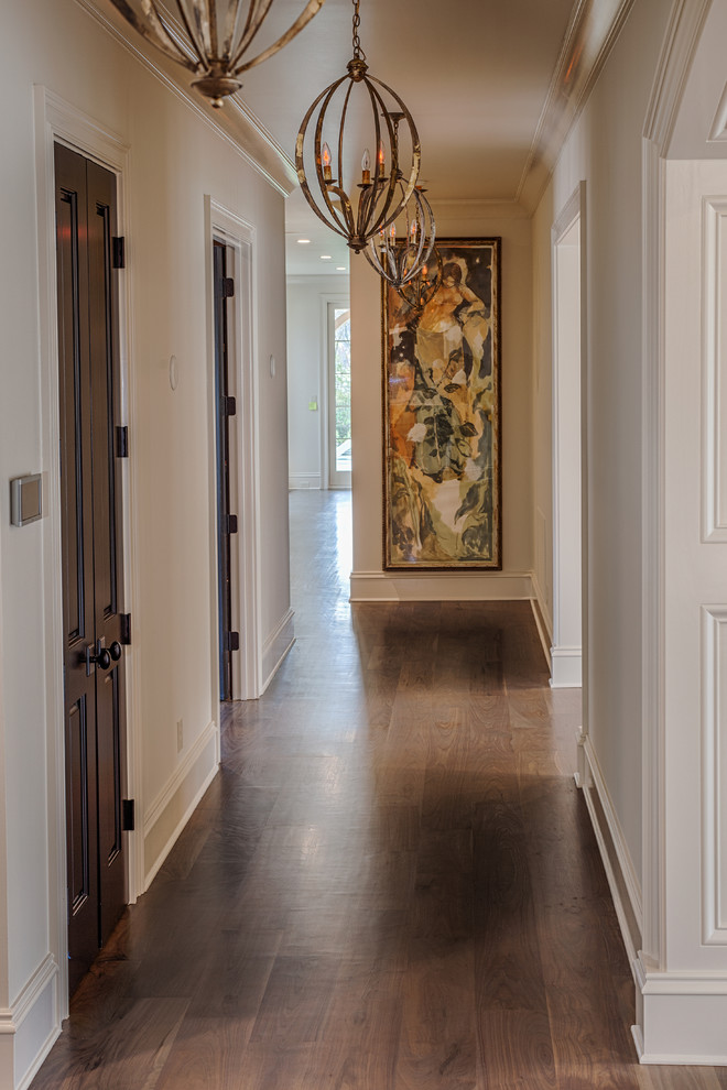 Modern hallway in Other with white walls and dark hardwood floors.