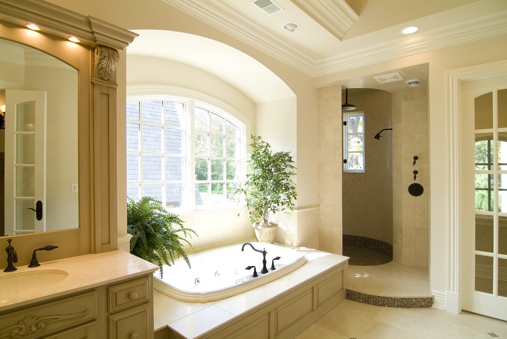 This is an example of a traditional bathroom in Chicago with a drop-in tub.