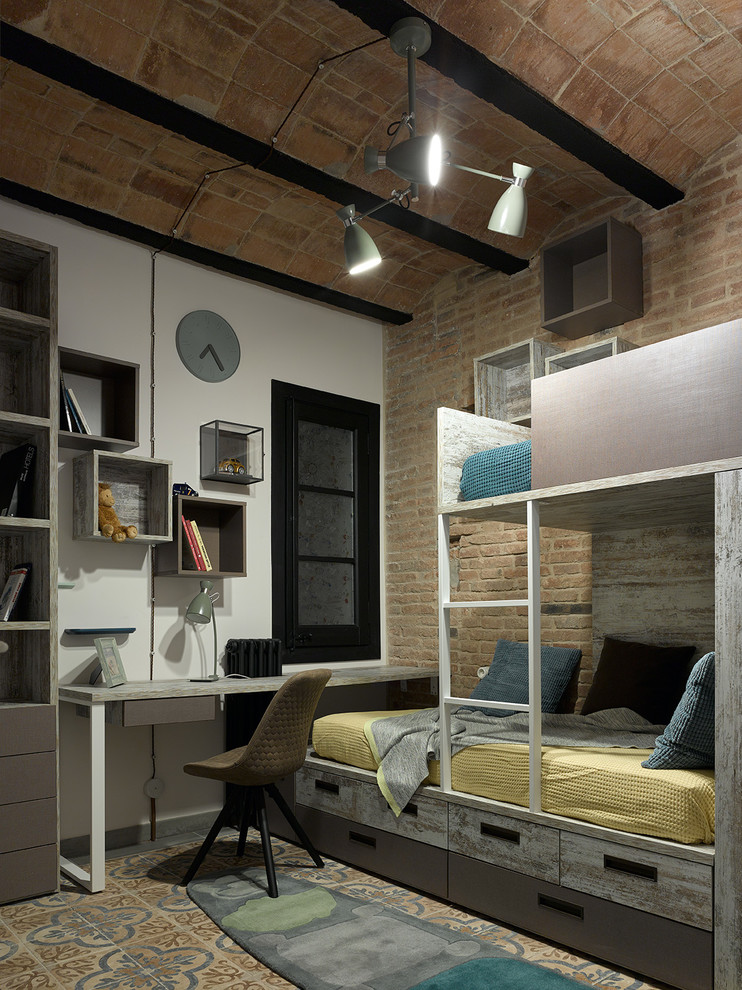 Design ideas for a mid-sized industrial kids' bedroom for kids 4-10 years old and boys in Barcelona with ceramic floors and brown floor.