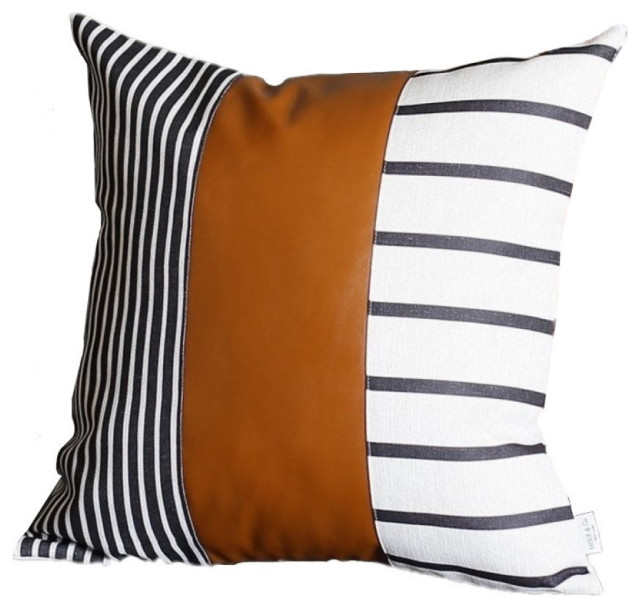 20" x 20" Black and White Stripes and Faux Leather Pillow Cover