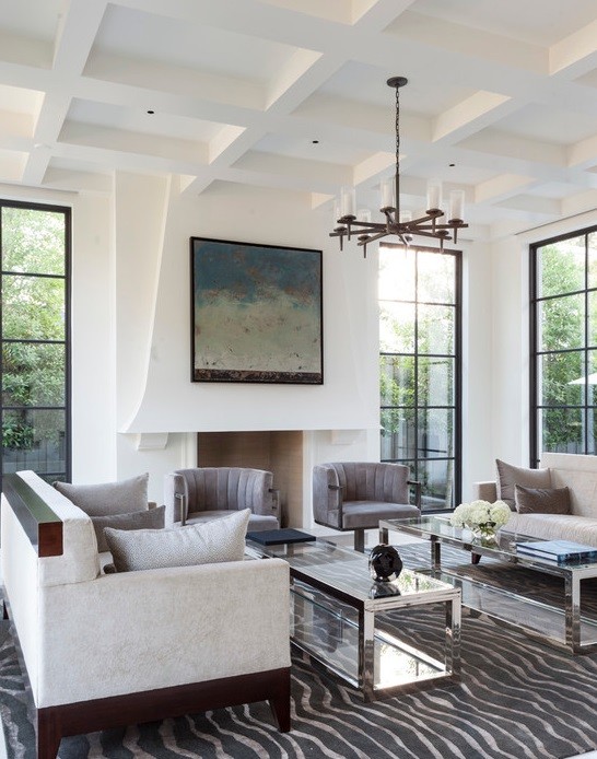 Inspiration for a large modern formal open concept living room in Dallas with white walls, limestone floors, a plaster fireplace surround, no tv and a standard fireplace.