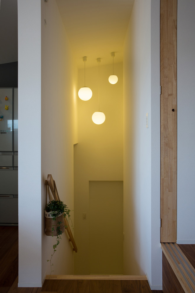 Staircase - small modern wooden staircase idea with wooden risers