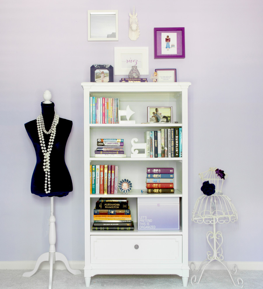 The Davis Home - Girls Bedroom who loves musical theatre. Painted in Sherwin Williams potentially Purple. Upholstered Daybed Custom Drapery and nightstands.