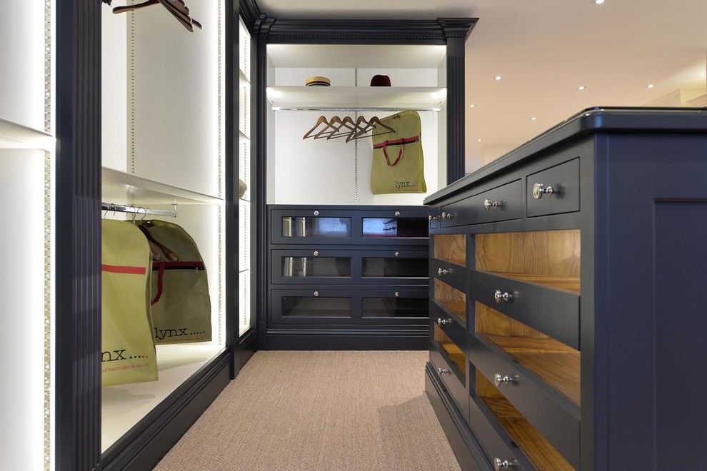 Inspiration for a large contemporary storage and wardrobe in Other with carpet.