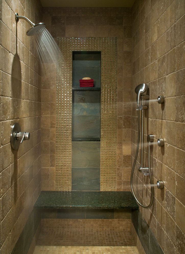 Mid-sized mountain style master beige tile and stone tile mosaic tile floor and beige floor alcove shower photo with beige walls