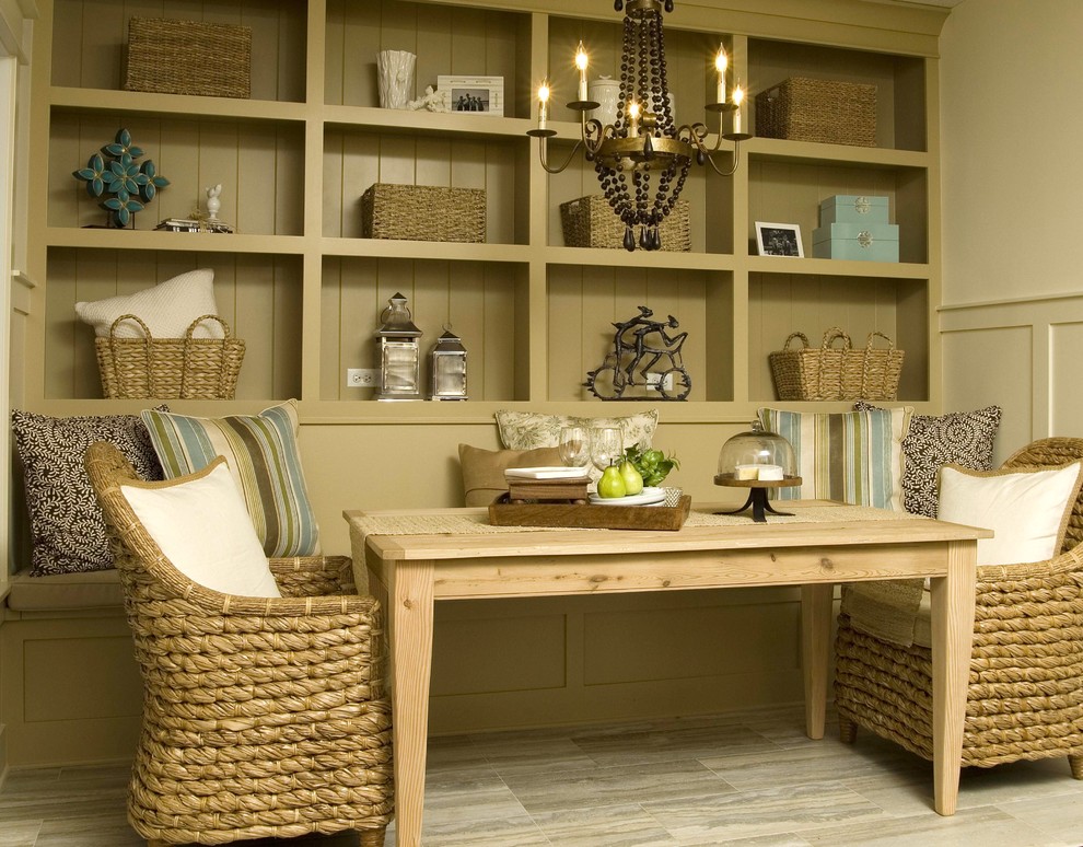 Design ideas for a country eat-in kitchen in Tampa with open cabinets and beige cabinets.