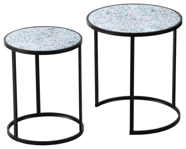 22" Nesting Tables, Round Wood Terrazzo Tabletops, Set of 2, White