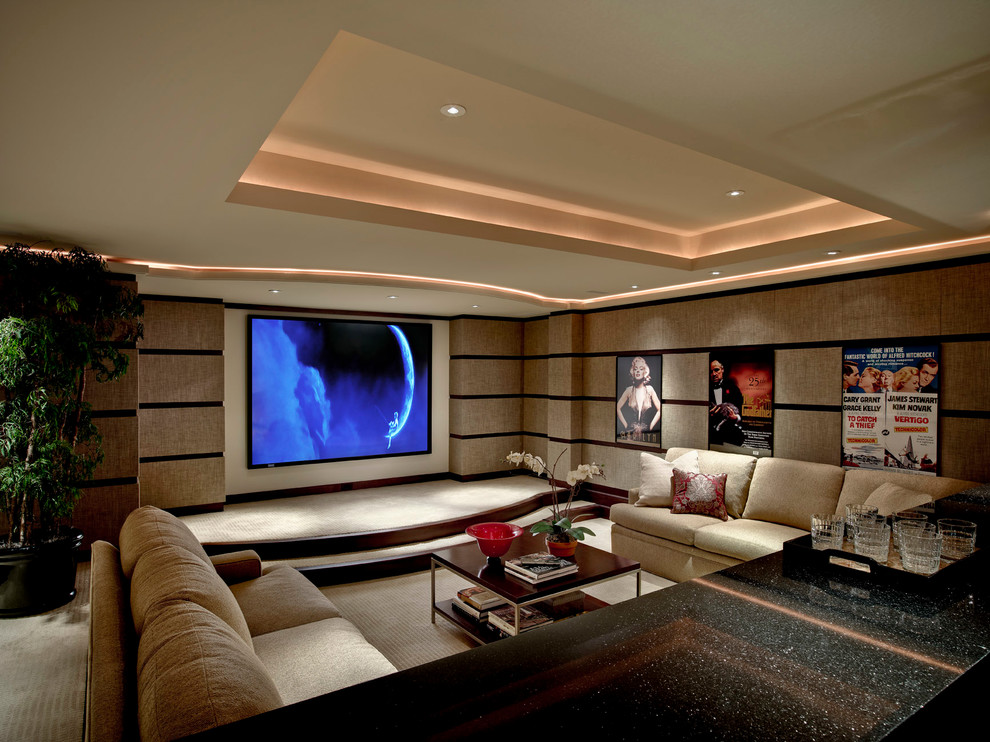 Transitional enclosed home theatre in Detroit with carpet.