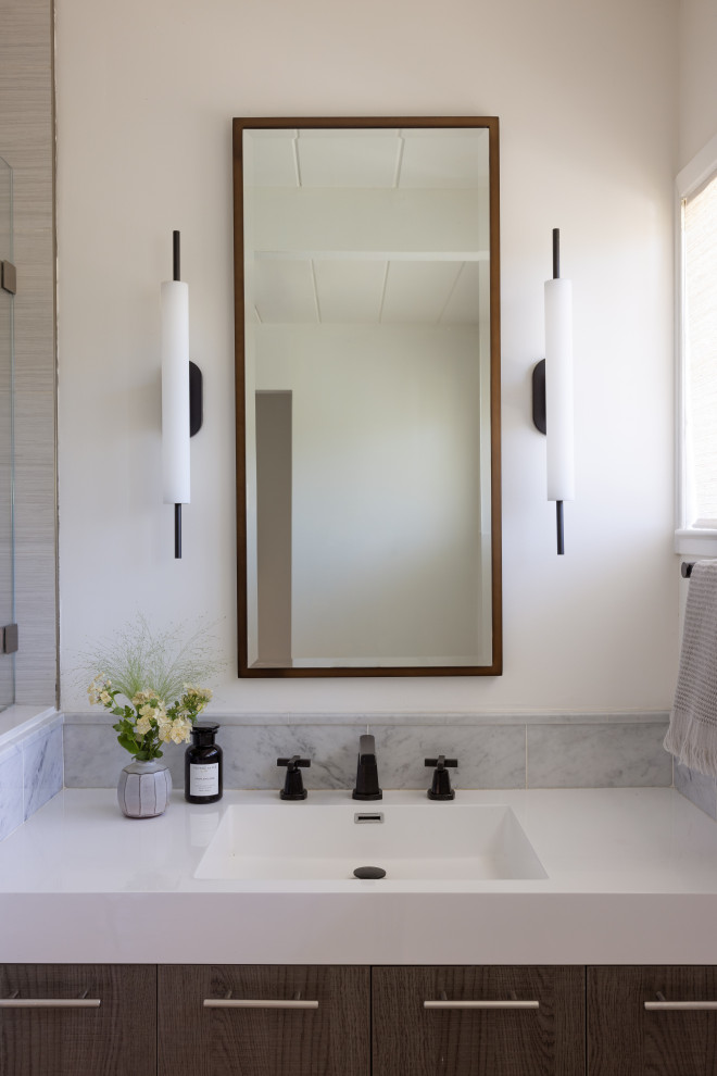 Medium sized midcentury bathroom in San Francisco with dark wood cabinets, a walk-in shower, grey tiles, marble tiles, white walls, light hardwood flooring, an integrated sink, beige floors, a hinged door, white worktops, a single sink and exposed beams.