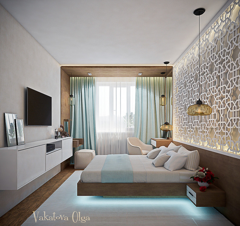 Интерьер  спальни в стиле минимализм  с этническими мотивами.