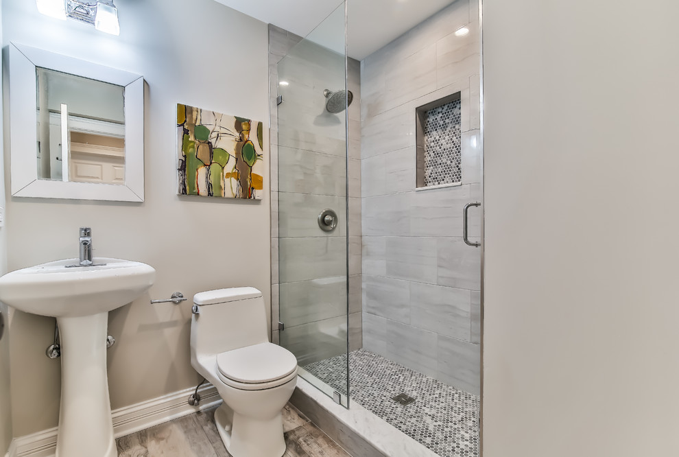 Inspiration for a mid-sized transitional bathroom in Chicago with an alcove shower, a one-piece toilet, white walls, dark hardwood floors, a pedestal sink and a hinged shower door.