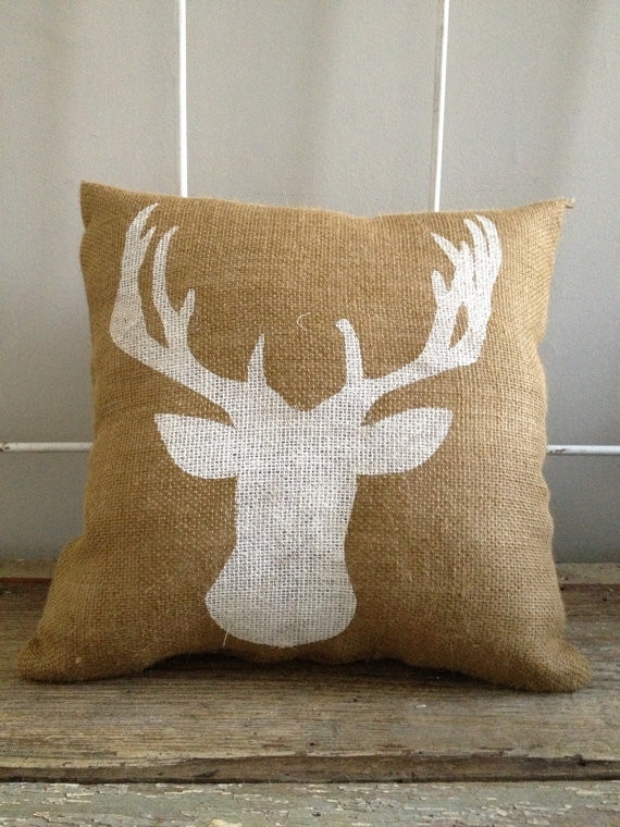 Burlap Pillow, Deer Bust by Two Peaches Design