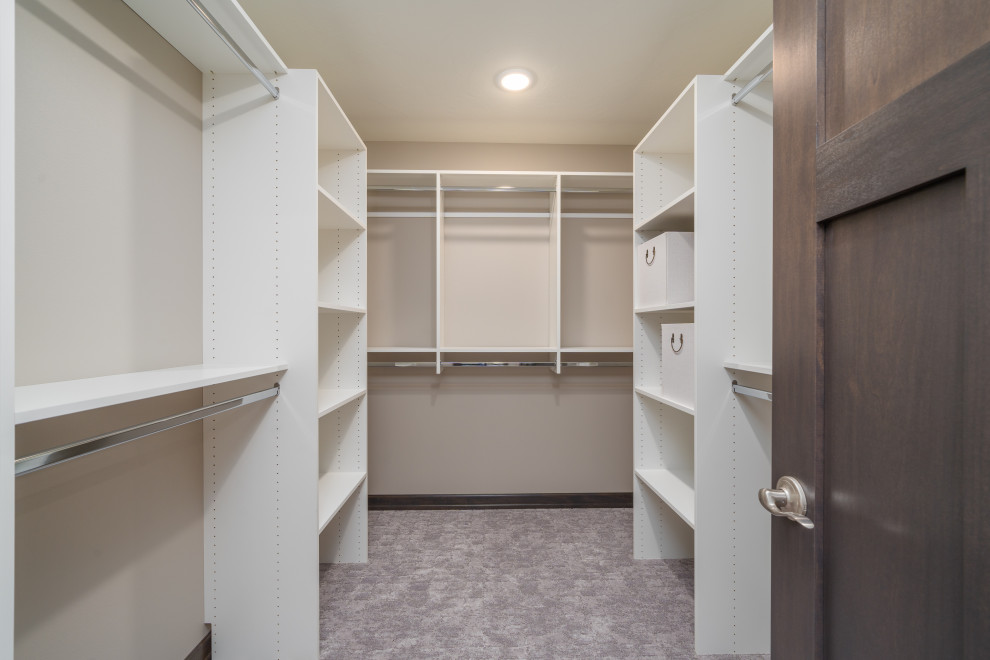 Inspiration for a transitional gender-neutral carpeted and gray floor walk-in closet remodel