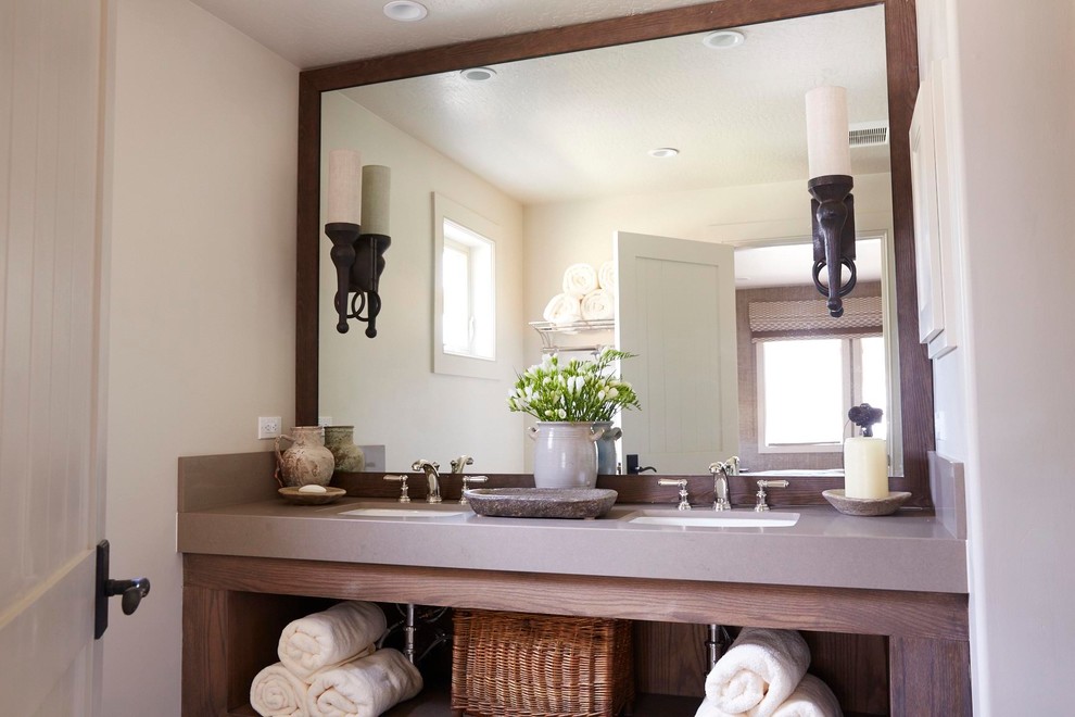 Photo of a country bathroom in Sacramento with open cabinets and medium wood cabinets.