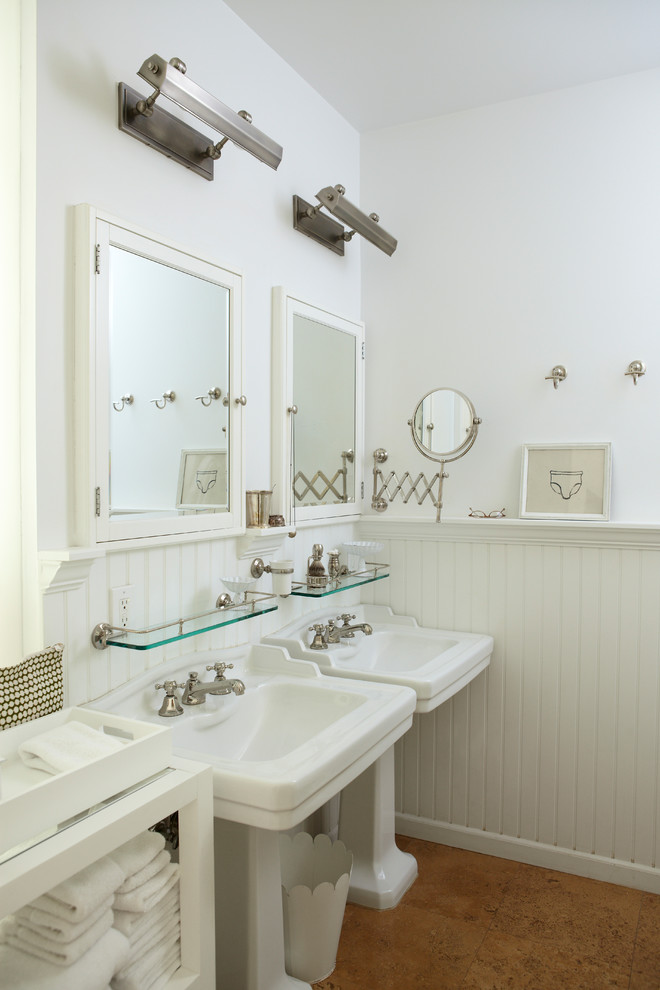 Inspiration for a small beach style kids bathroom in New York with open cabinets, white cabinets, an open shower, a wall-mount toilet, white walls, painted wood floors, a console sink, white floor, a hinged shower door and white benchtops.