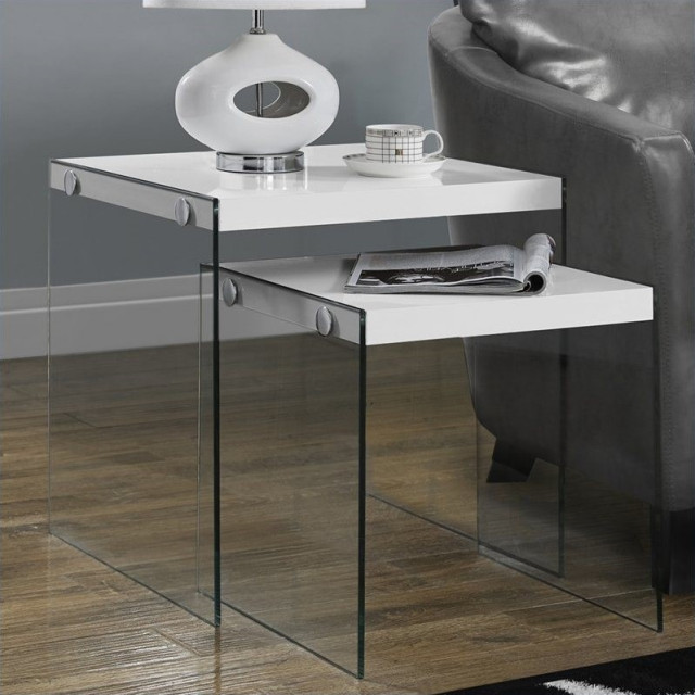 Nesting Table Side End Accent Bedroom Tempered Glass Glossy White