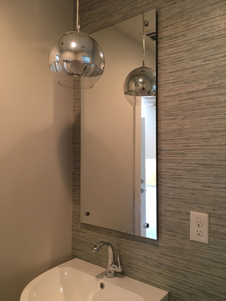 Mid-sized transitional 3/4 gray tile and ceramic tile ceramic tile and gray floor home design photo in Dallas with recessed-panel cabinets, gray cabinets, a one-piece toilet, gray walls, an undermount sink and marble countertops
