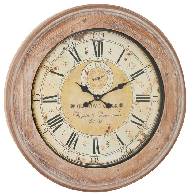 Oversized Round Antique Beige Wood Wall Clock With Whitewash Finish Oversized Round Antique Beige Wood Wall Clock With Whitewash Finish