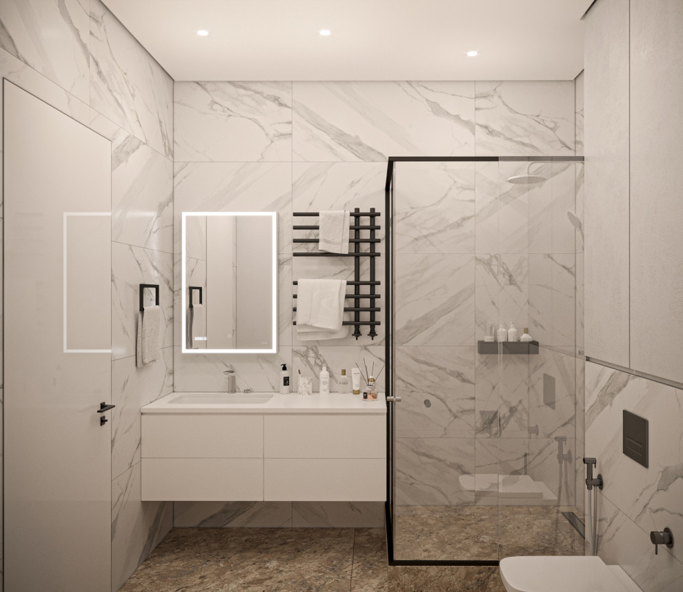 Дизайн минималистичной квартиры с серой кухней для студента в ЖК Glorax