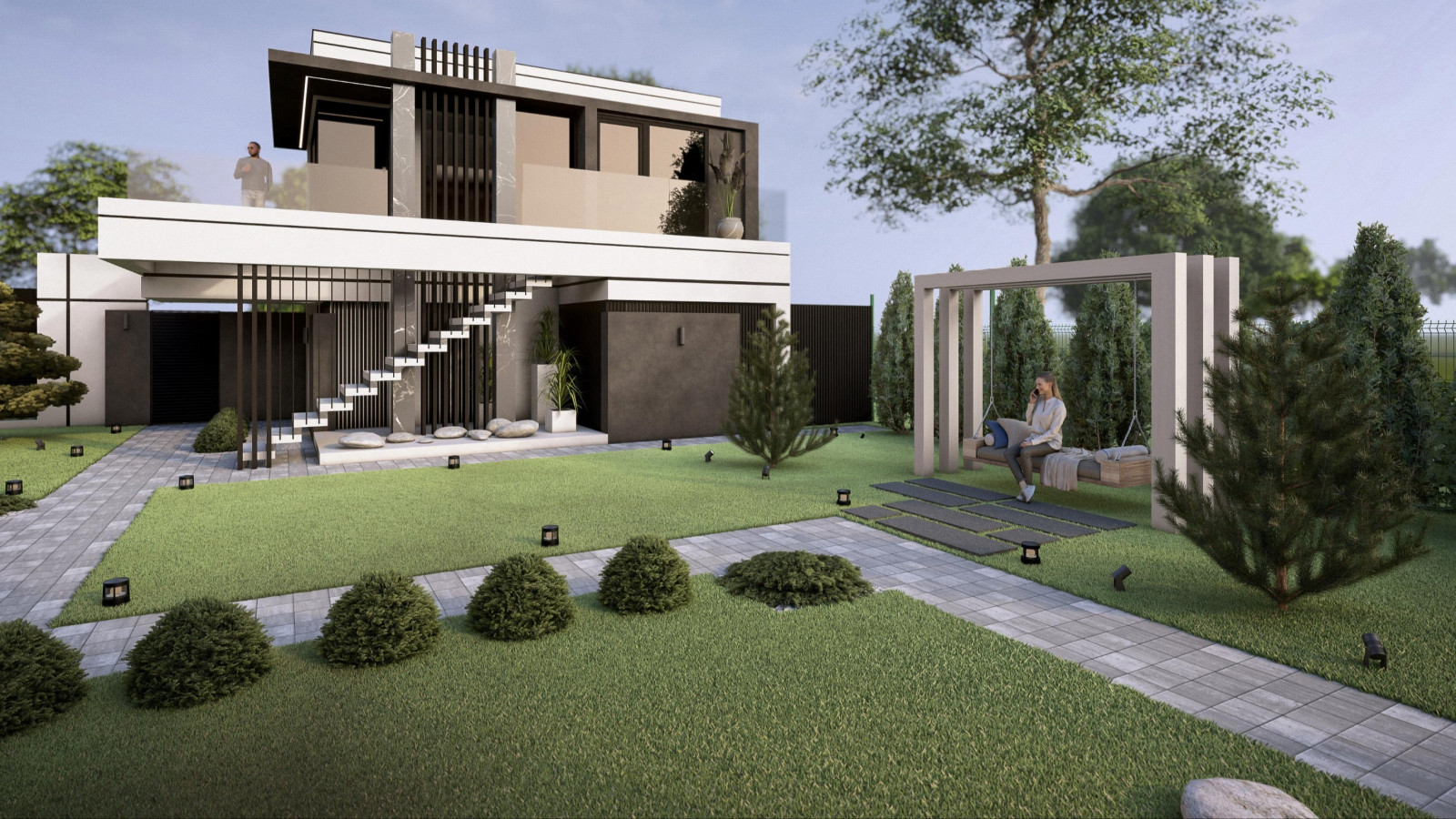 Проект фасада  и ландшафта для дома с плоской крышей