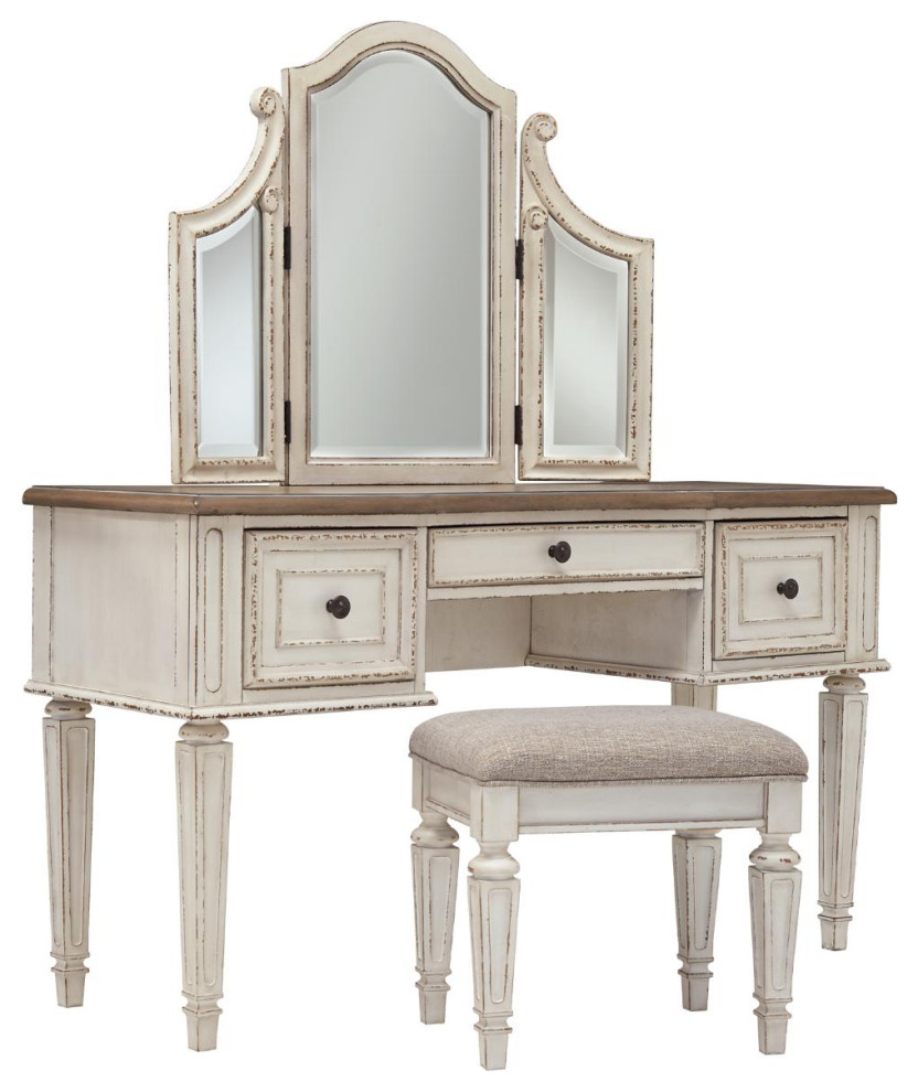 Realyn Vanity and Mirror with Stool French Country Bedroom & Makeup