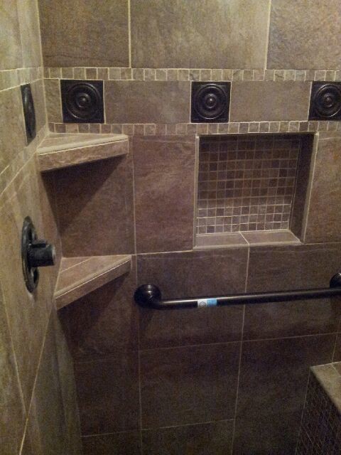 Doorless shower - transitional master brown tile doorless shower idea