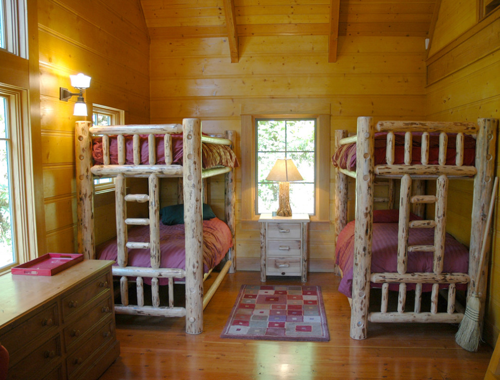 Photo of a mid-sized country gender-neutral kids' room in San Francisco with beige walls, medium hardwood floors, beige floor, vaulted and wood walls.