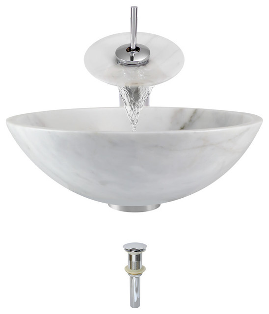 850-White Granite Vessel Sink, Chrome, Waterfall Faucet