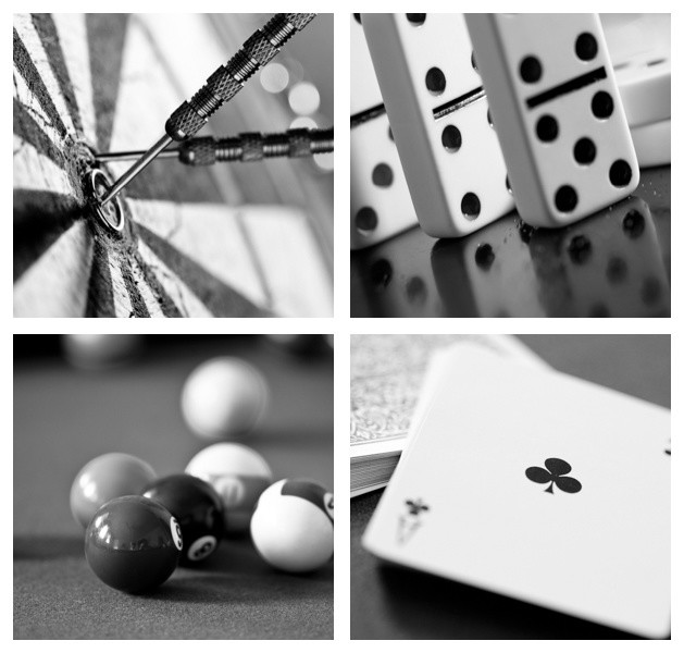 4Piece Game Room Square Canvas, Contemporary Black and White Wall Art